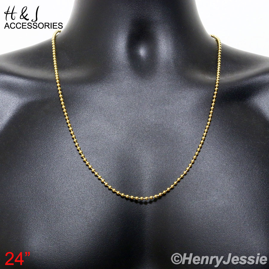 24″MEN WOMEN Stainless Steel 2.5mm Gold Plated Beads Ball Link Chain Necklace