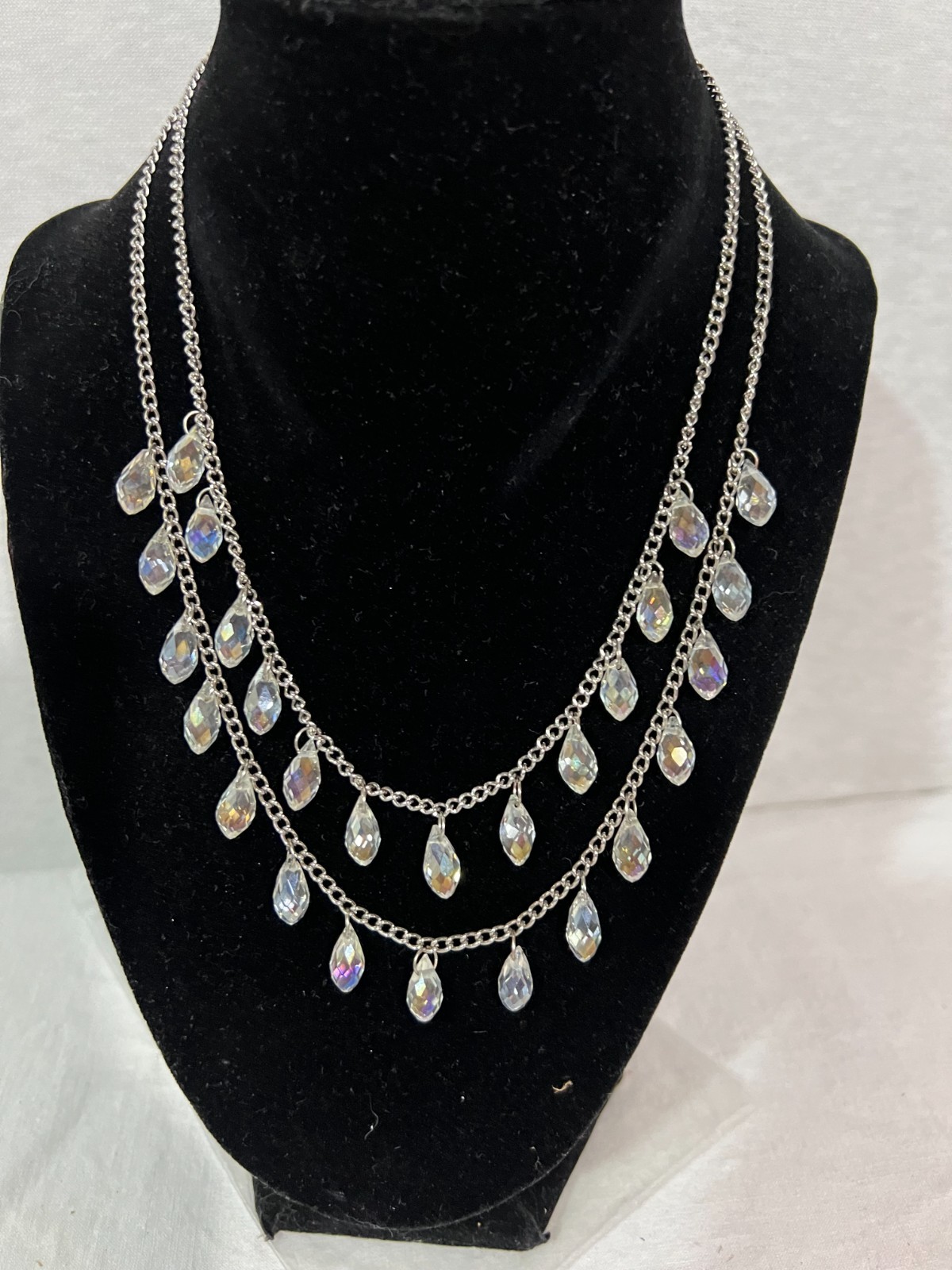 Swarovski Neckless Two Tier Colorless Crystal Beads Tear Drop Silver Chain 9″