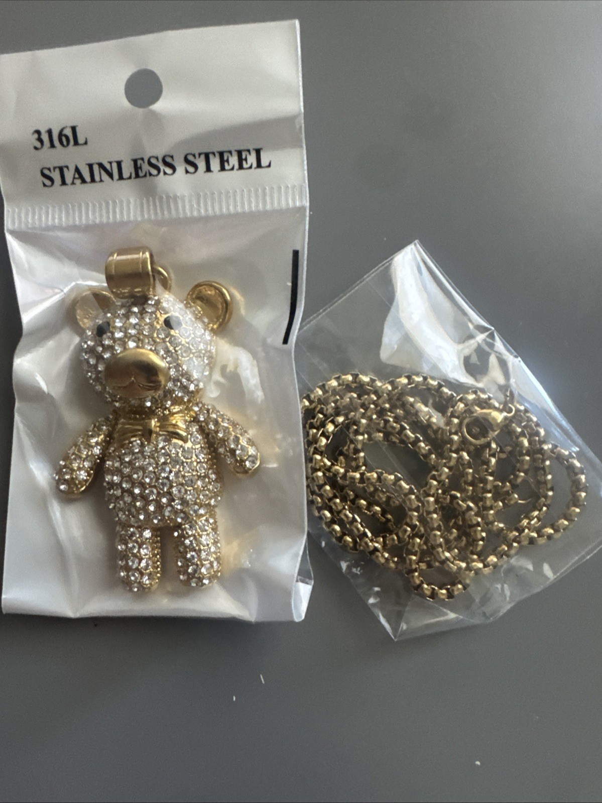 Teddy Bear Studded Gold Plated Stainless Steel Pendant 24 Inch Necklace Gift Her