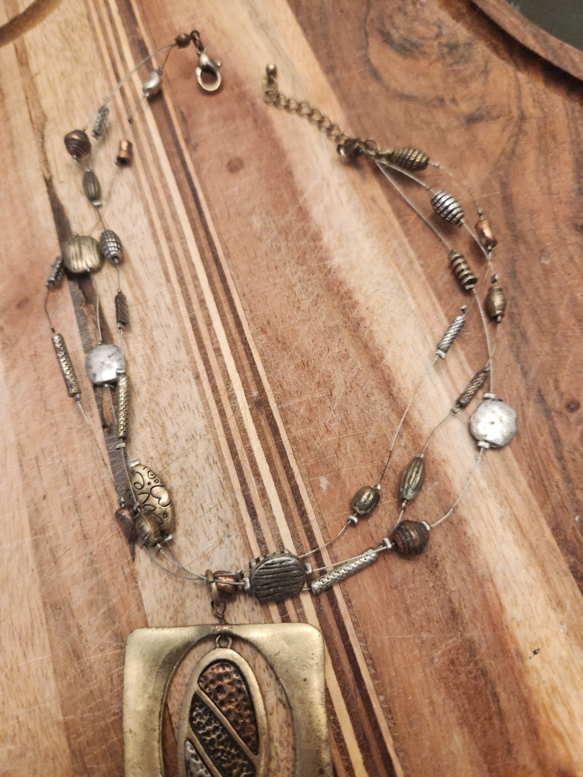 Mixed Metal Beaded Necklace Square Charm Pendant Ball/Bead Chain Lobster Clasp