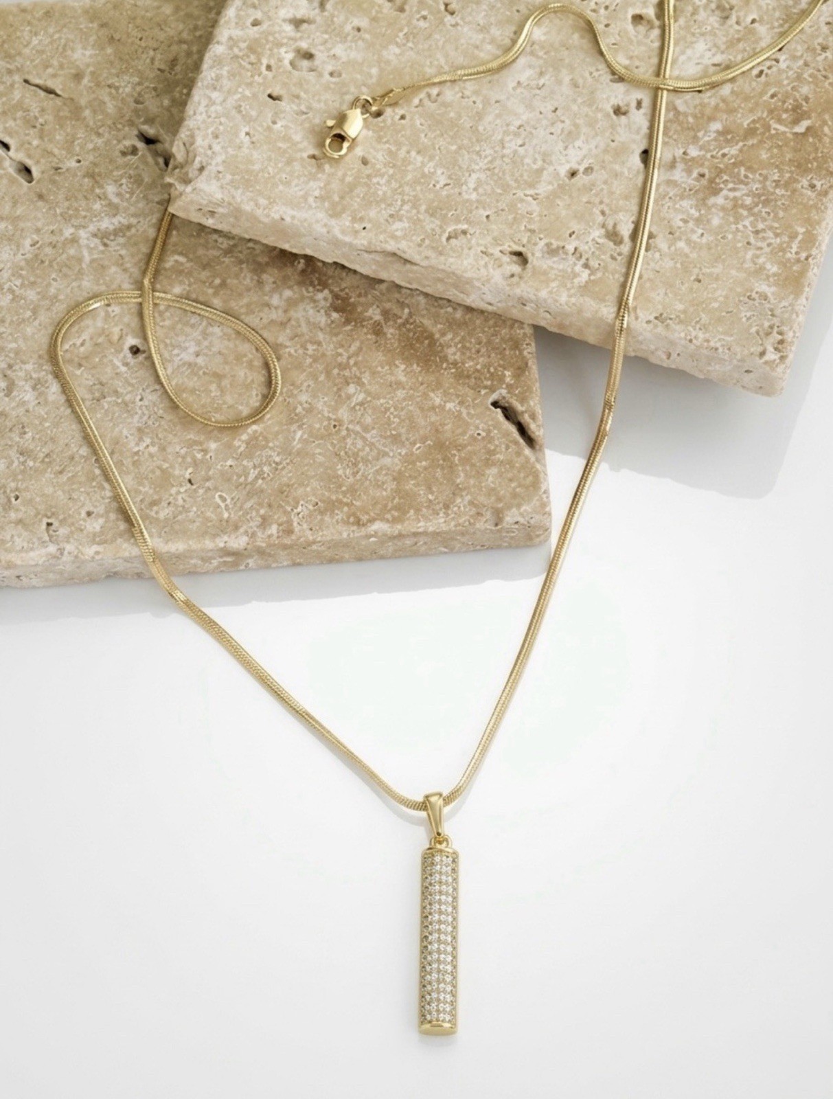 14K Gold Plated Vertical CZ Bar Pendant w/ Snake Chain Necklace | Dainty Jewelry