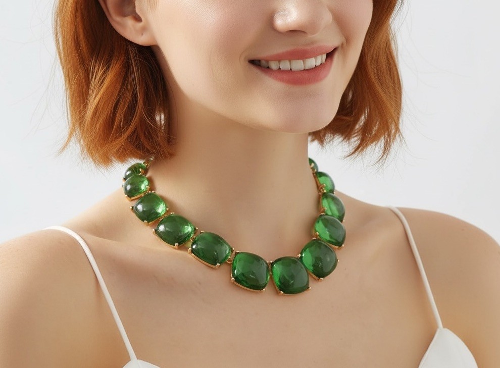 Zara Necklace Clear Candy Cabochon Gold Jelly Geometric Boho Green Retro Chain