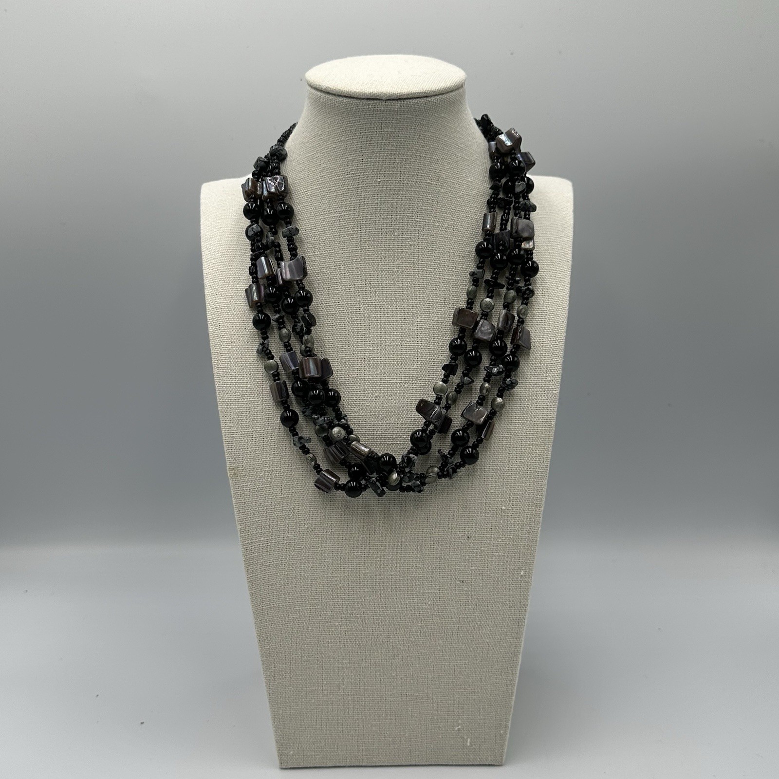 Shell Bead Necklace Multi Strand Black Grey Chunky Layered Jewelry 18 Inch