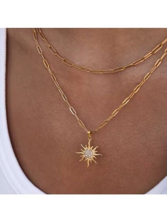 Double Layer Necklace w/cz Sun Pendant Gold Layered Necklace Summer Jewelry