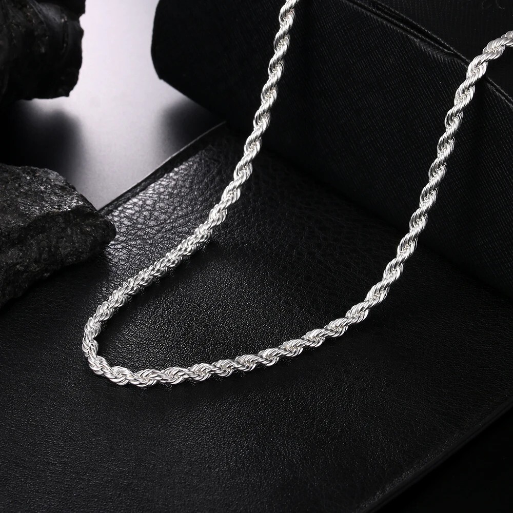 4mm Solid Silver Italian Rope Chain Necklace Diamond Cut Style