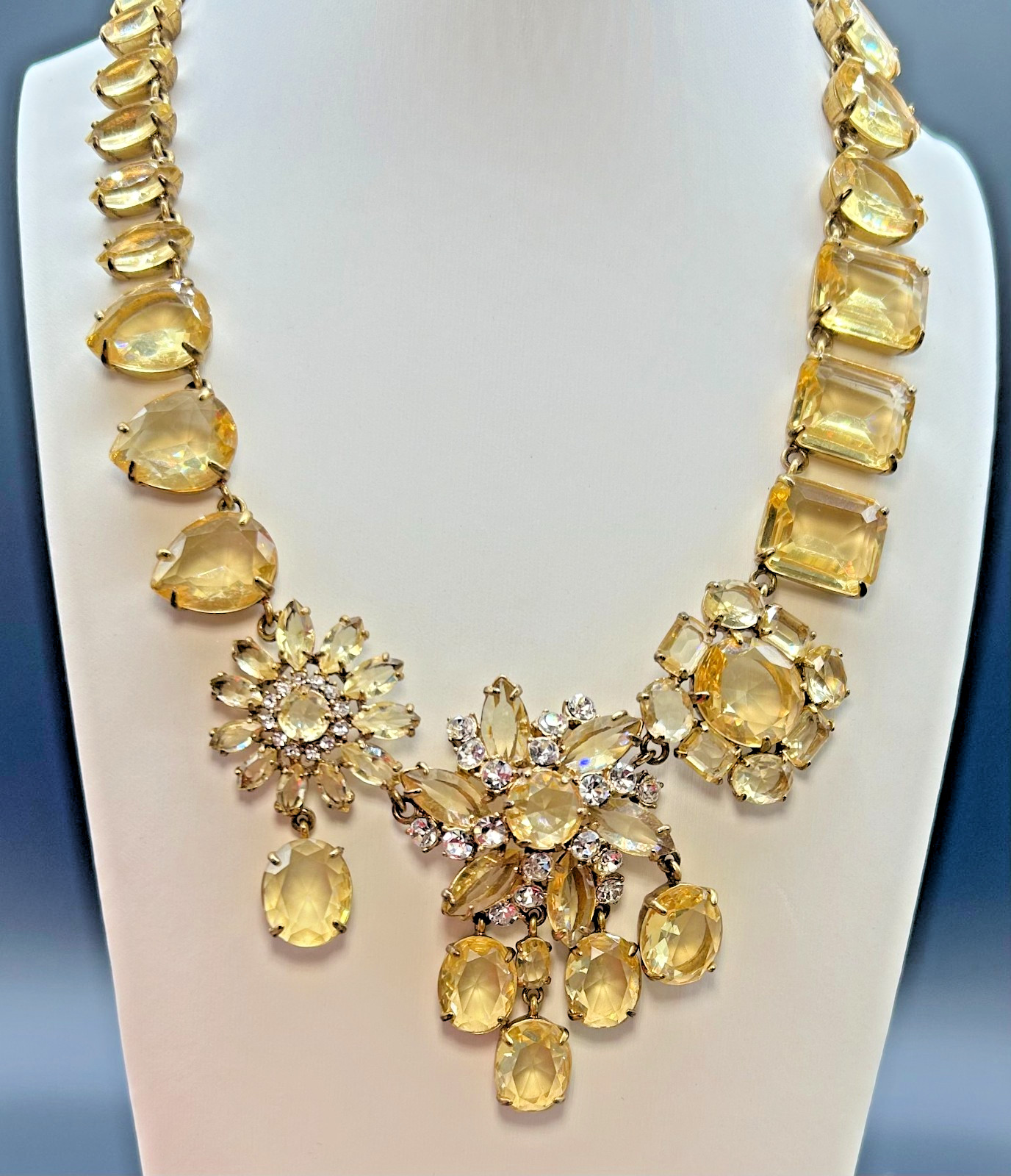 J Crew Yellow Citrine Crystal Rhinestone Cluster Bib Statement Necklace VTG NWOT