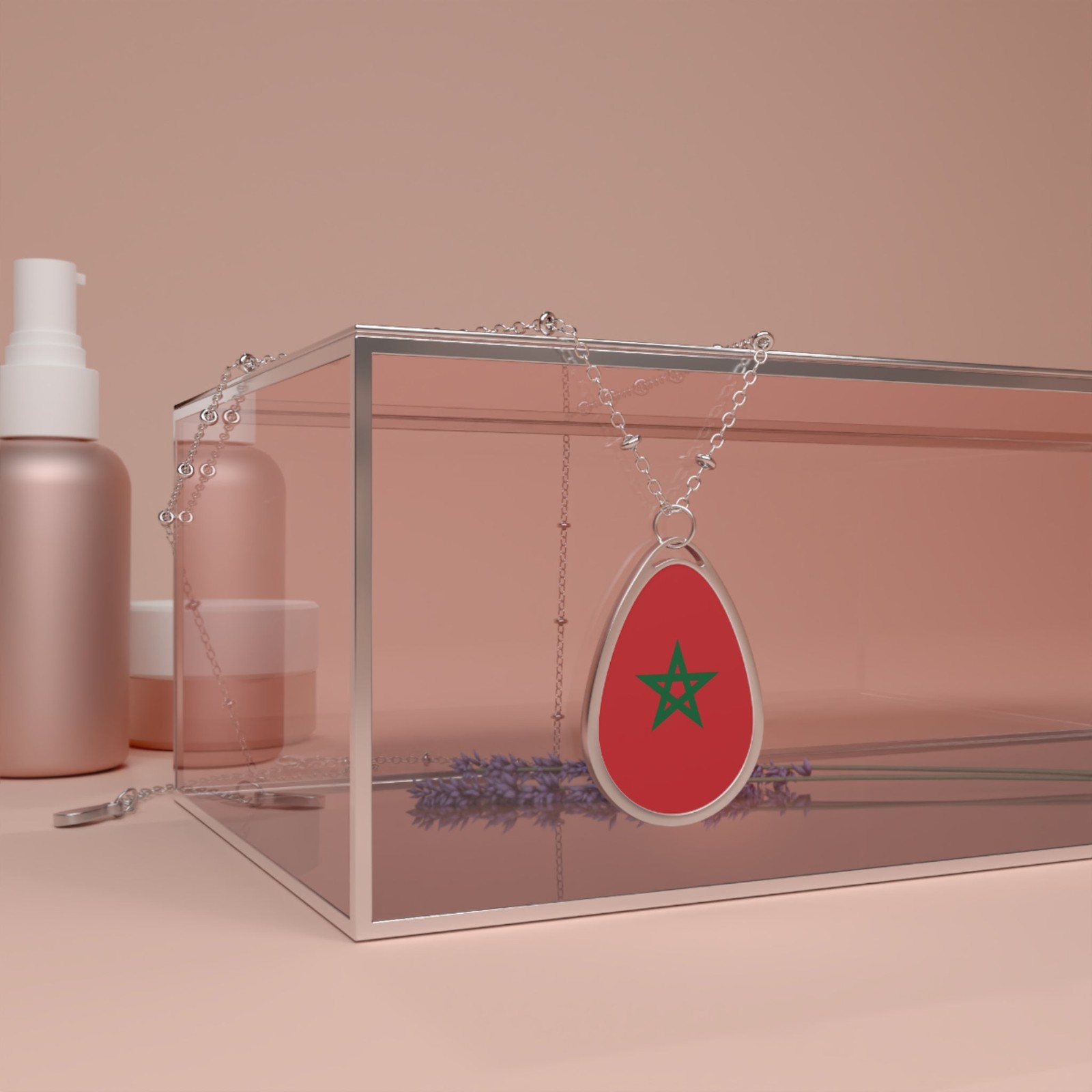 Morocco Flag Oval Necklace – Moroccan Heritage Pendant – One Size / Silver
