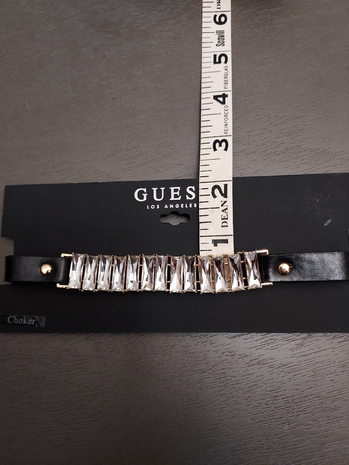 GUESS Rhinestone Choker Black Faux Leather Necklace .