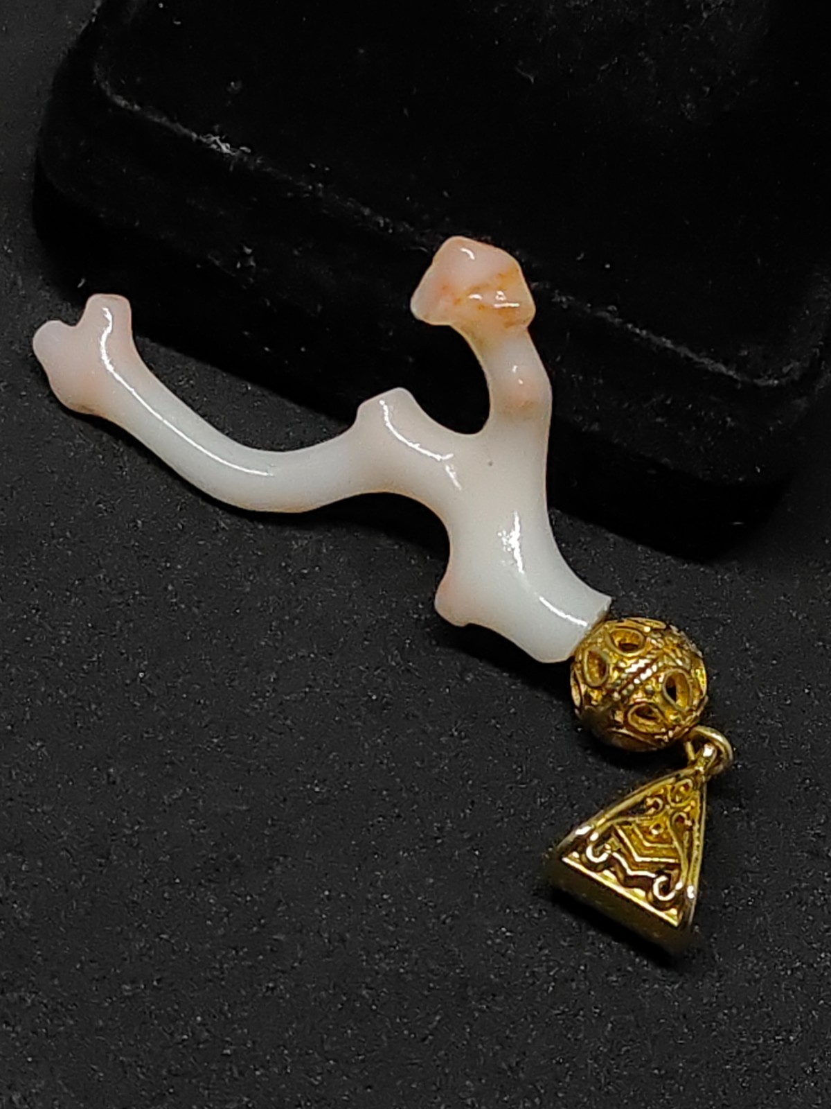 Pink White Japanese Coral Branch Pendant -Smooth Polished Gold Tone Brass