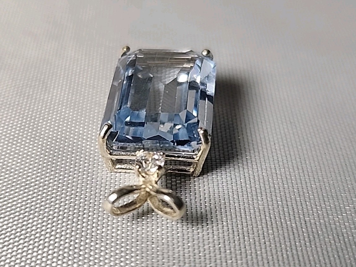 Stering Silver & Emerald Cut Simulated Aquamarine & Diamond CZ Pendant 3.7 grams