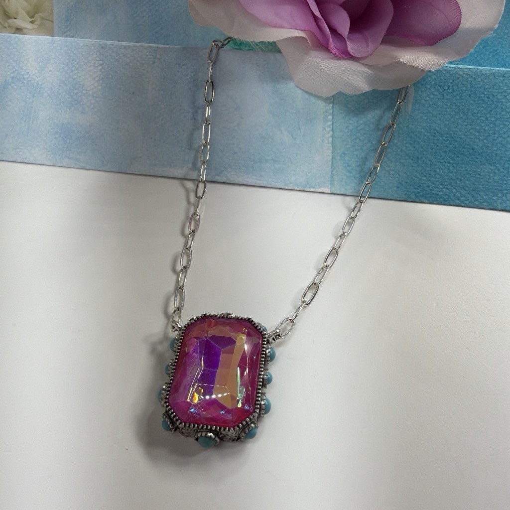 Silver Plated Cable Chain Necklace Rectangle Pink Crystal Pendant Blue Stones