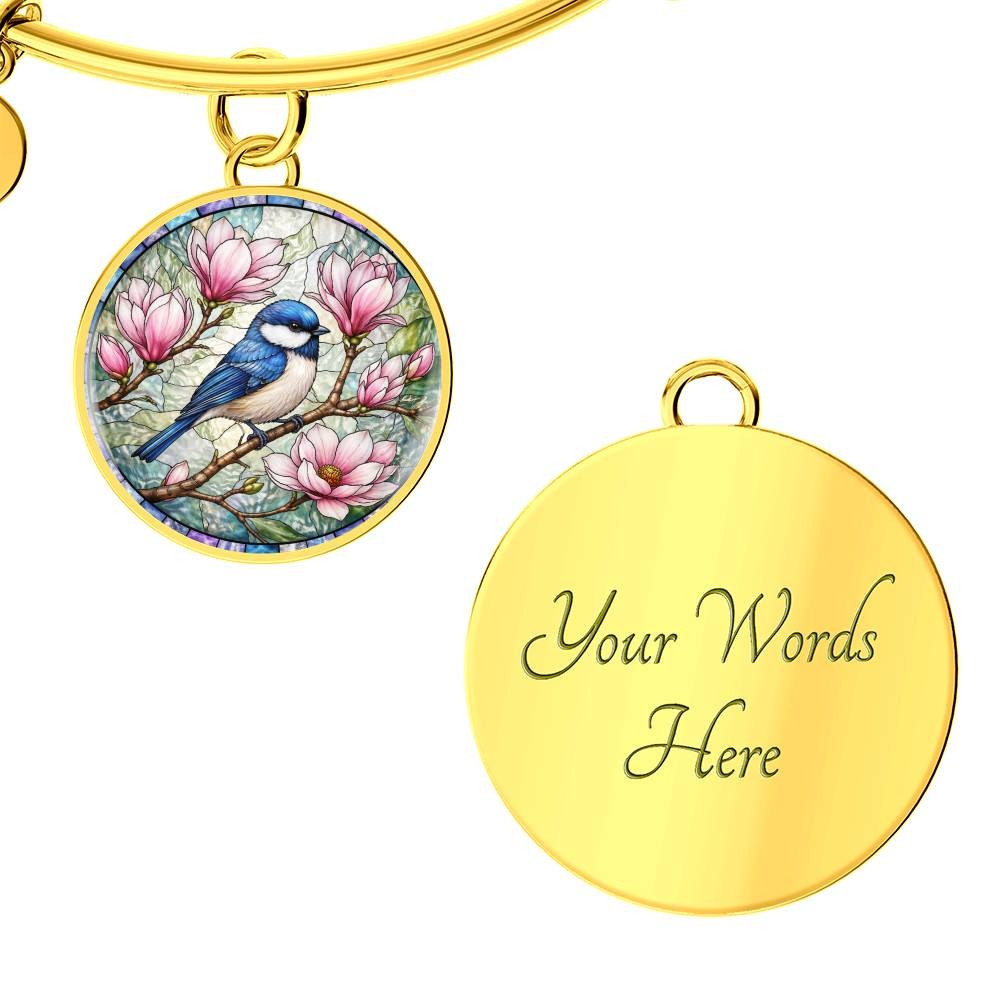 Bluebird Floral Engraved Necklace Bracelet or Keychain