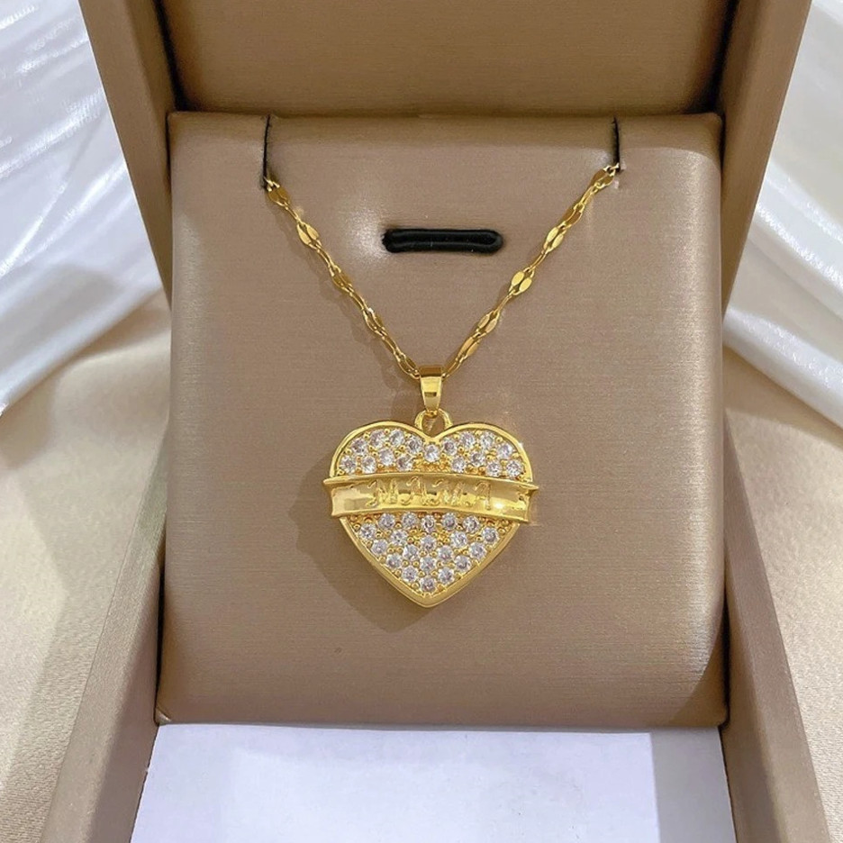 1pc Heart Zirconia Necklace Gold Color Stainless Steel O-Chain – NEW