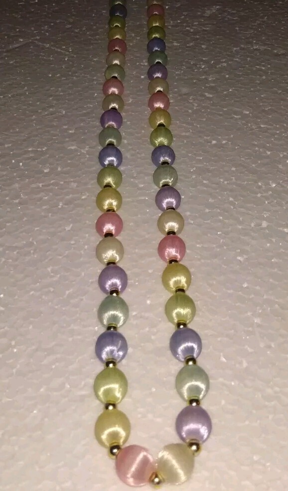 2 Necklaces W/ Silk Satin Thread Over Beads 28″ In Pastel Blue & Multicolors.