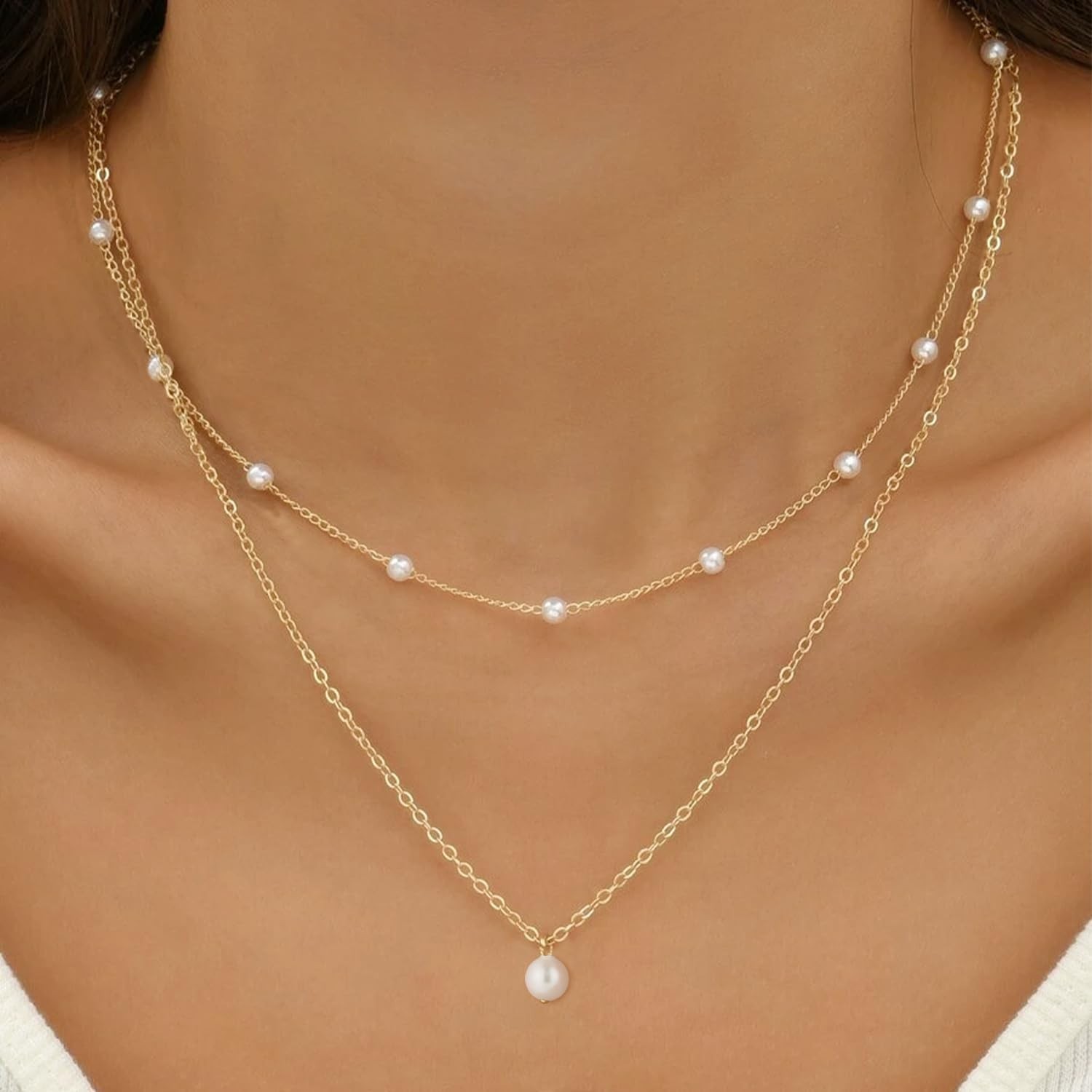 Elegant Gold Pearl Necklace – 14K Gold Plated Layered Herringbone Chain, Trendy