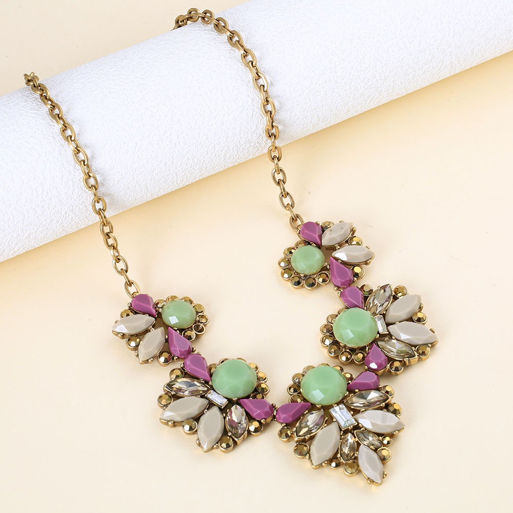 Vintage Colorful Resin Floral Bib Necklace Gold Plated Rhinestone For Women
