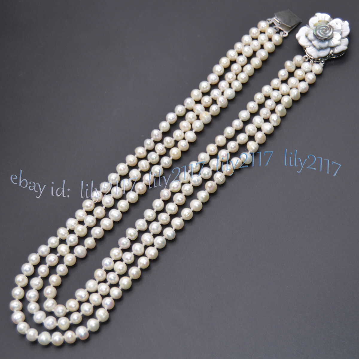3Rows Natural 6-7mm Akoya Freshwater Cultured White Pearl Beads Necklace 17-19”