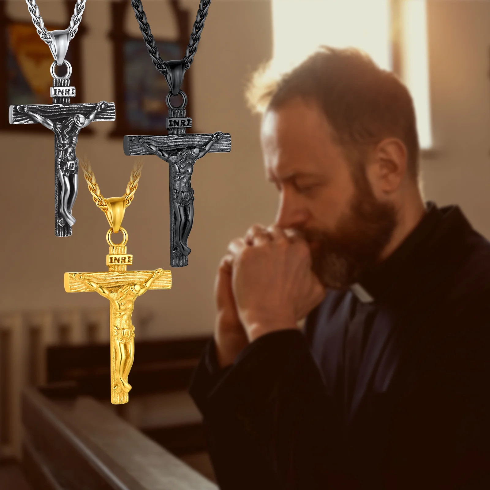 Gold Plated Cross Necklaces for Men Stainless Steel INRI Crucifix Pendant Neckla