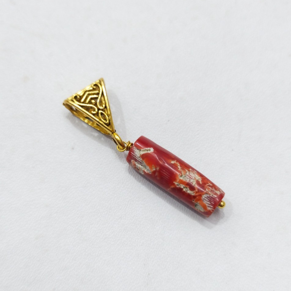 100%Natural Italian Red Coral Brass Pendant, Polished Unisex Jewelry (37 mm)