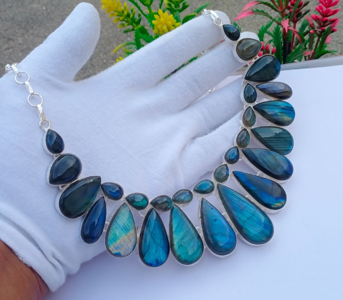 Natural Labradorite Gemstone 925 Sterling silver Handmade Necklace Jewelry