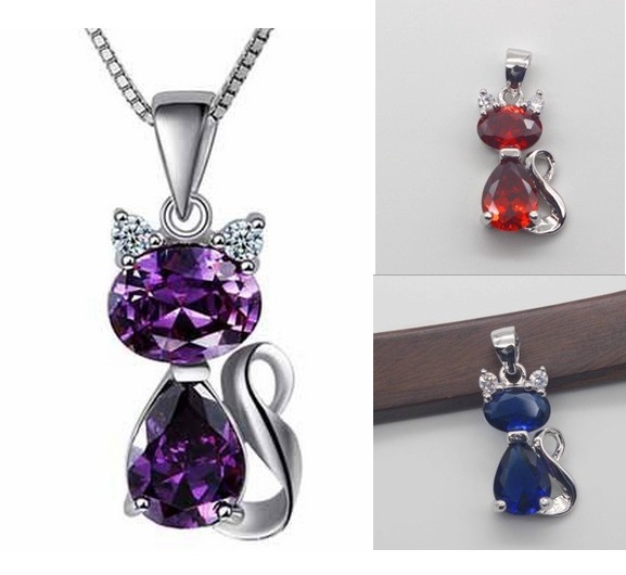 925 Silver CAT PENDANT NECKLACE CZ Blue Pink Purple CRYSTAL 18″ Gift Box P5