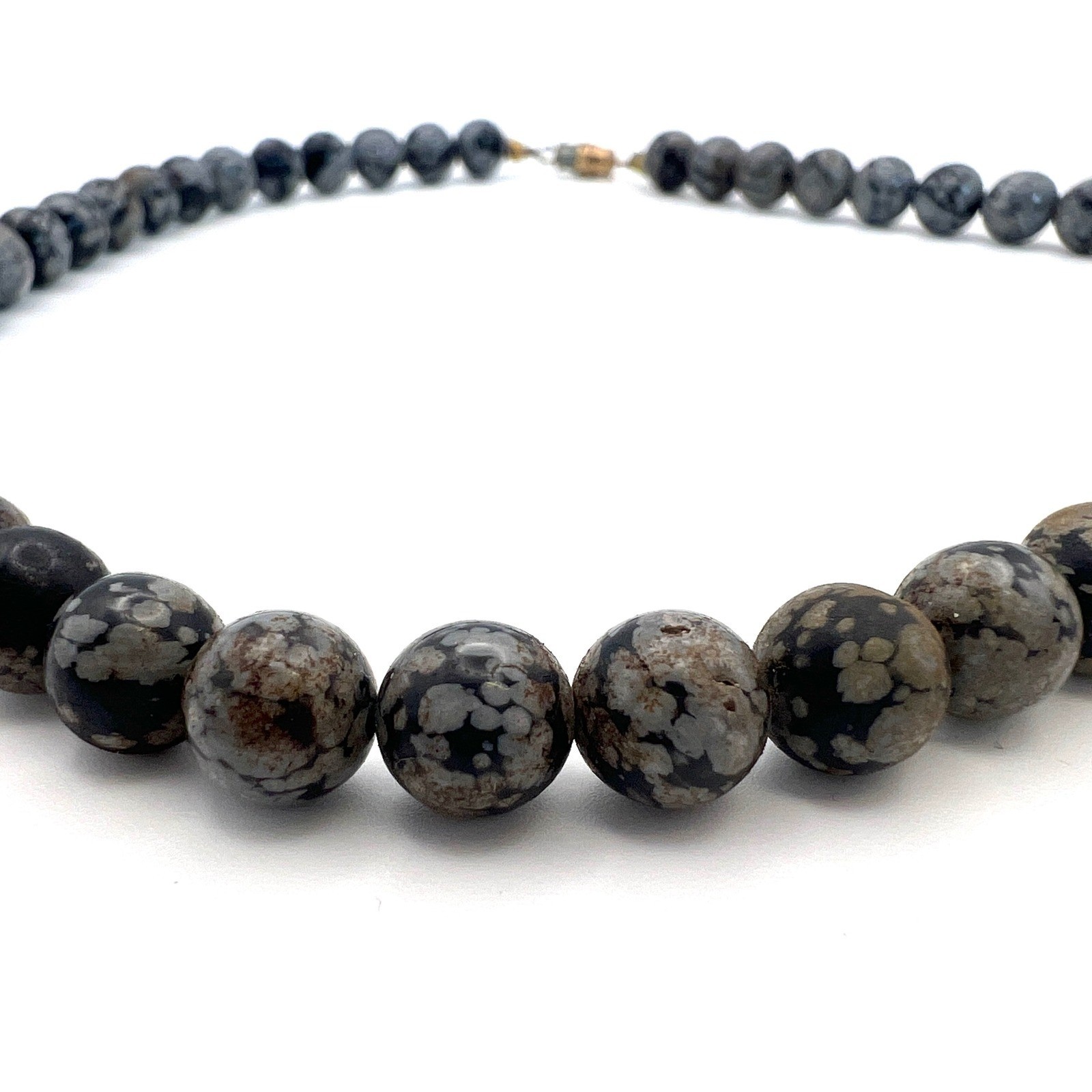 Snowflake Obsidian Beaded Necklace Black Grey Natural Stone 16 Inch Gold Clasp