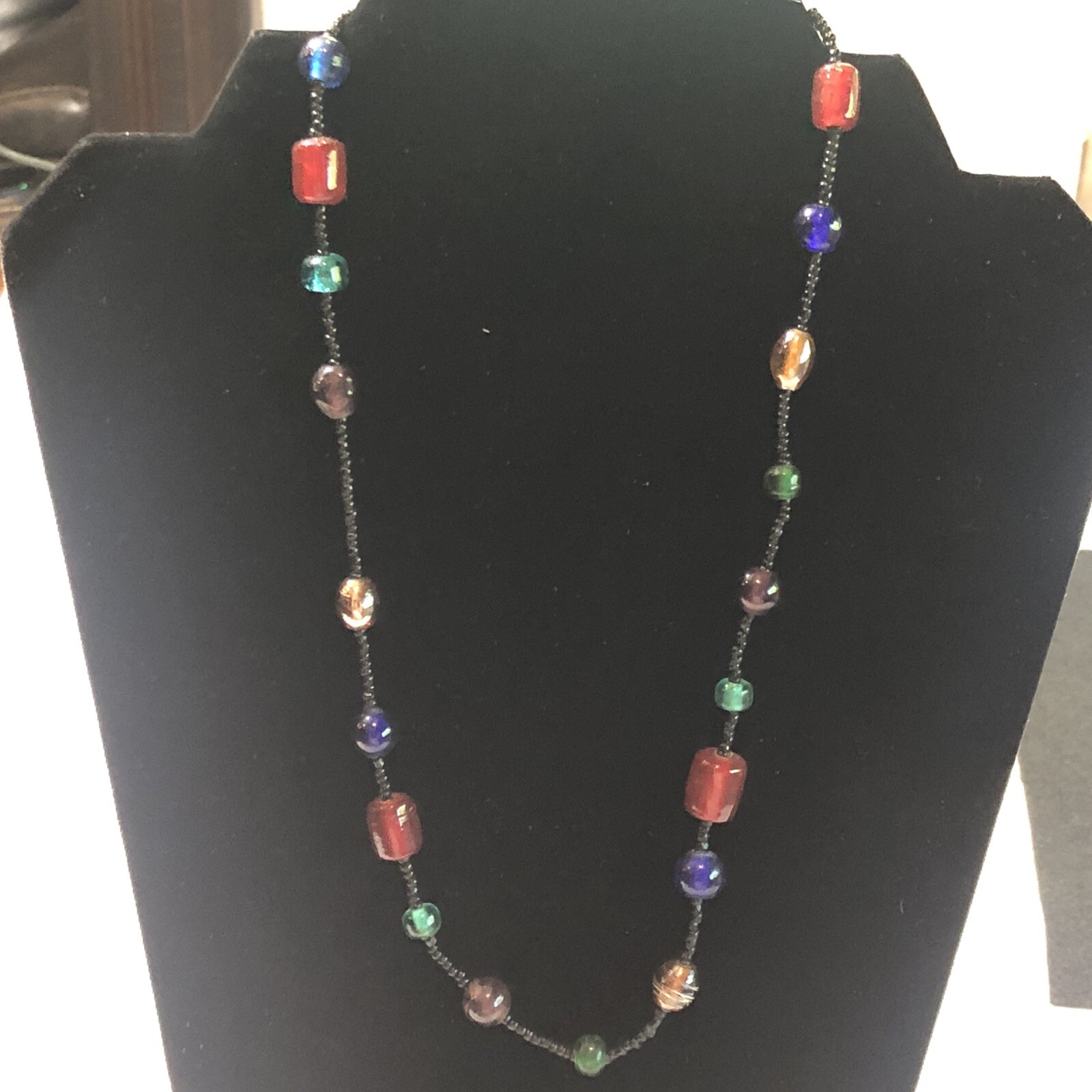 Glass Beaded Necklace 18” Multicolored With Iridescence Black Seed Bead Spacers