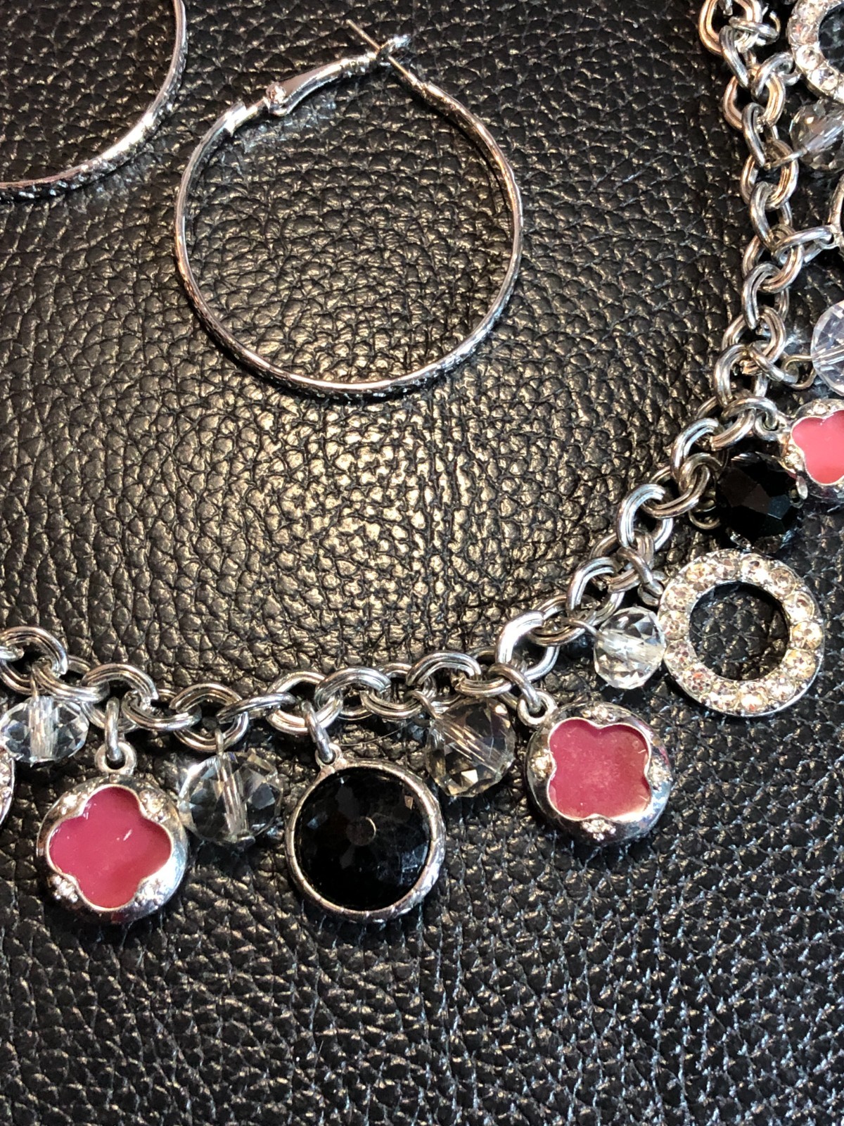 Silver Black Pink Crystal Clover Charm Necklace WHBM + Hoop Earrings Lot 8468
