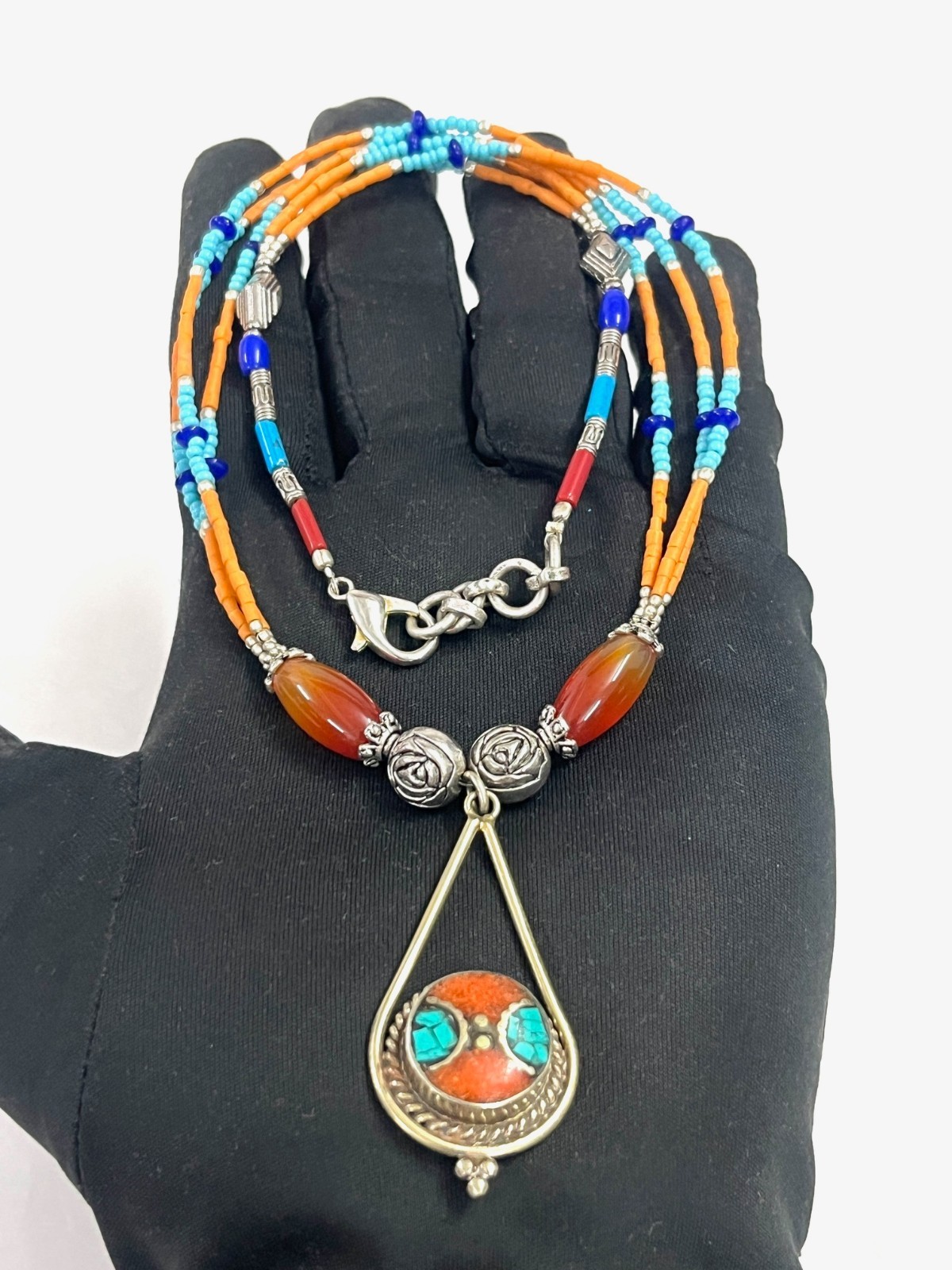 Nepalese Coral Carnelian Gemstone Tibetan Boho Necklace Jewelry, 17 inch Adjus