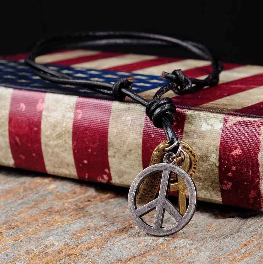 PN46 Cool Mens Surfer Beach Genuine Black Leather Choker Necklace Peace pendant