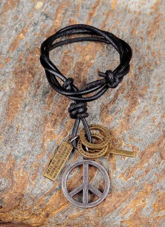PN46 Cool Mens Surfer Beach Genuine Black Leather Choker Necklace Peace pendant