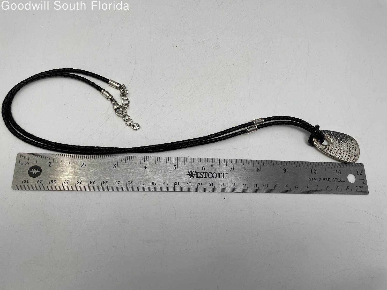 Brighton Silver Black Engraved Pendant Braided Cord Necklace Adjustable Clasp