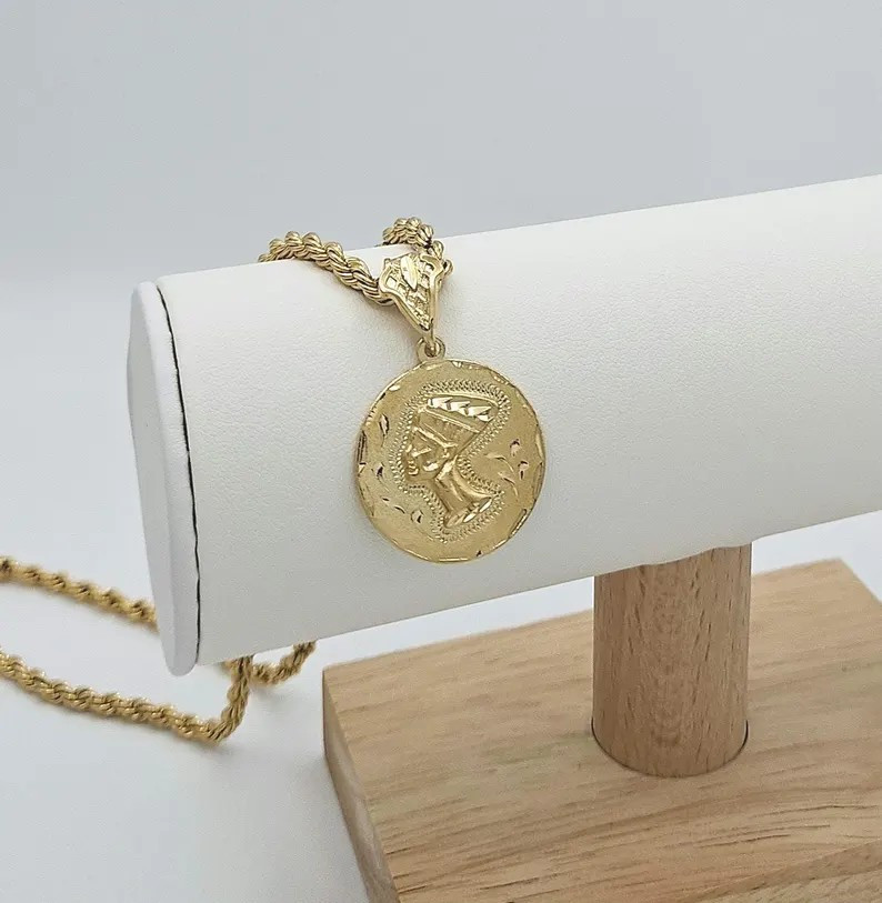 Gold Nefertiti Necklace, Medium 24mm Nefertiti Pendant, 14K Heavy plated Gold