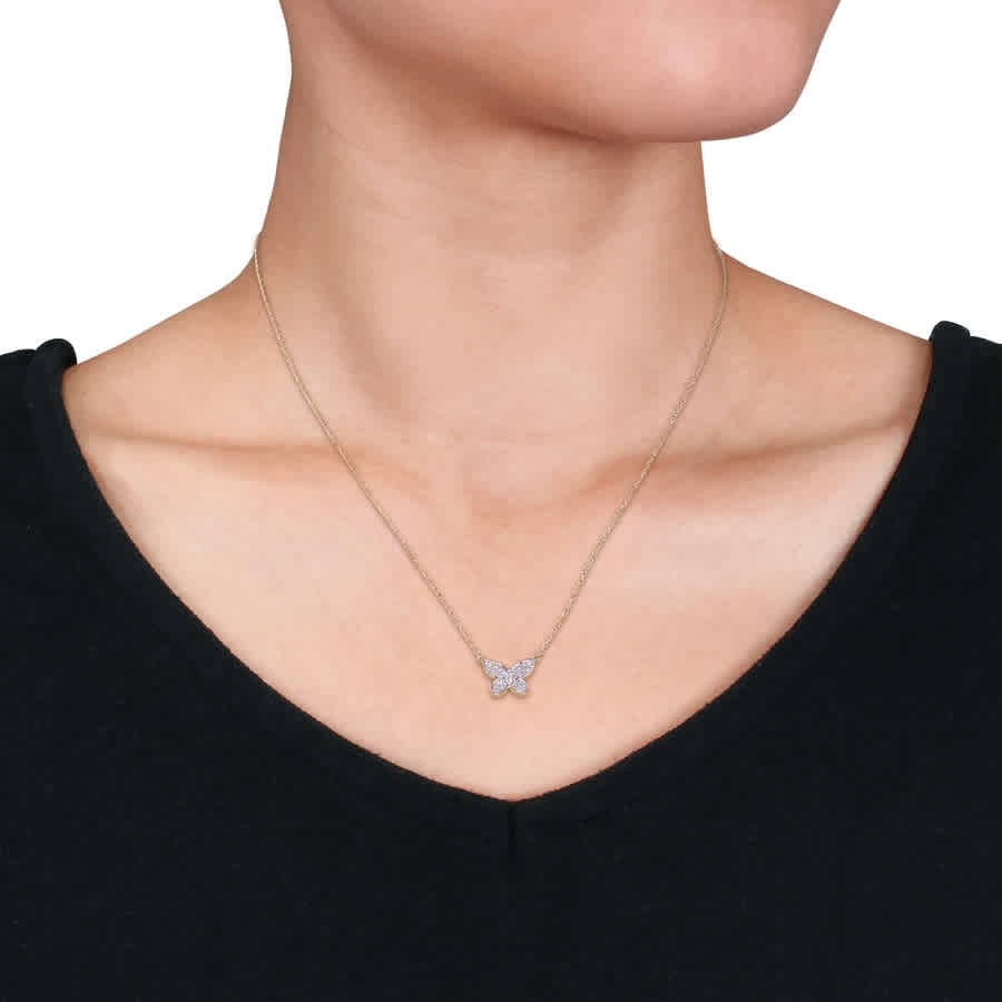 AMOUR 1/8 CT TW Diamond Butterfly Pendant with Chain In 10K Yellow Gold