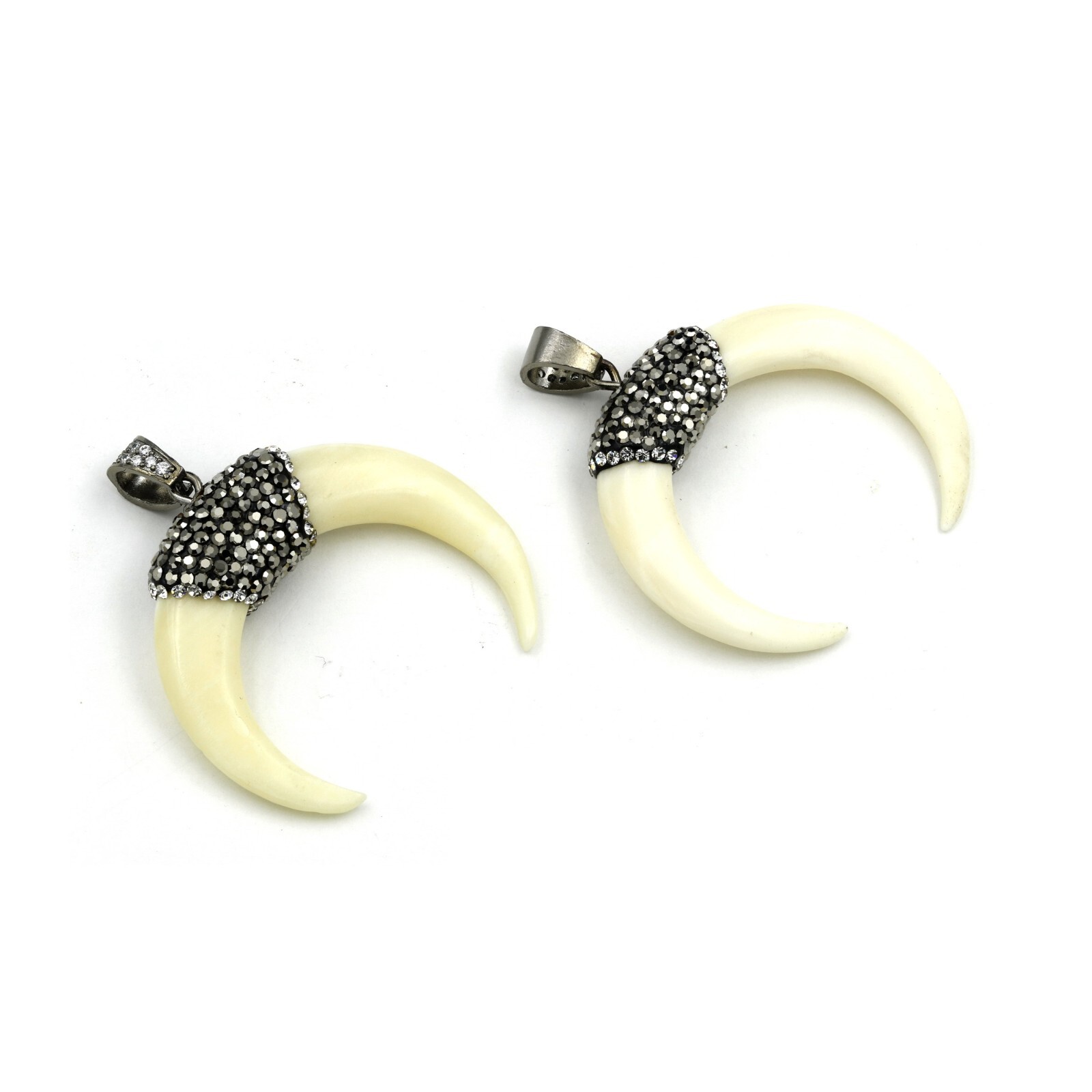 925 Silver Bail Double Horn Pendant, Crescent Horn OX Bone with Hematite & CZ