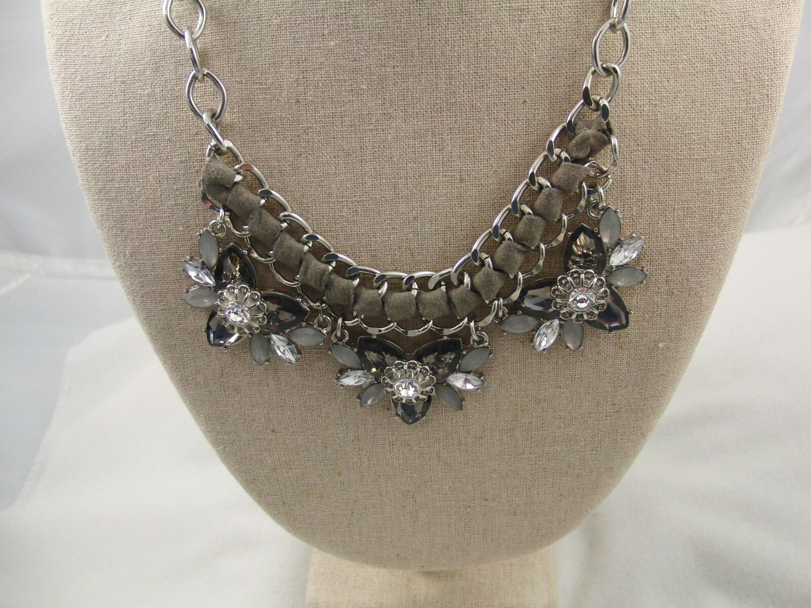 lot 2 necklaces silver leaves & flowers gray & clear rhinestones leather strip