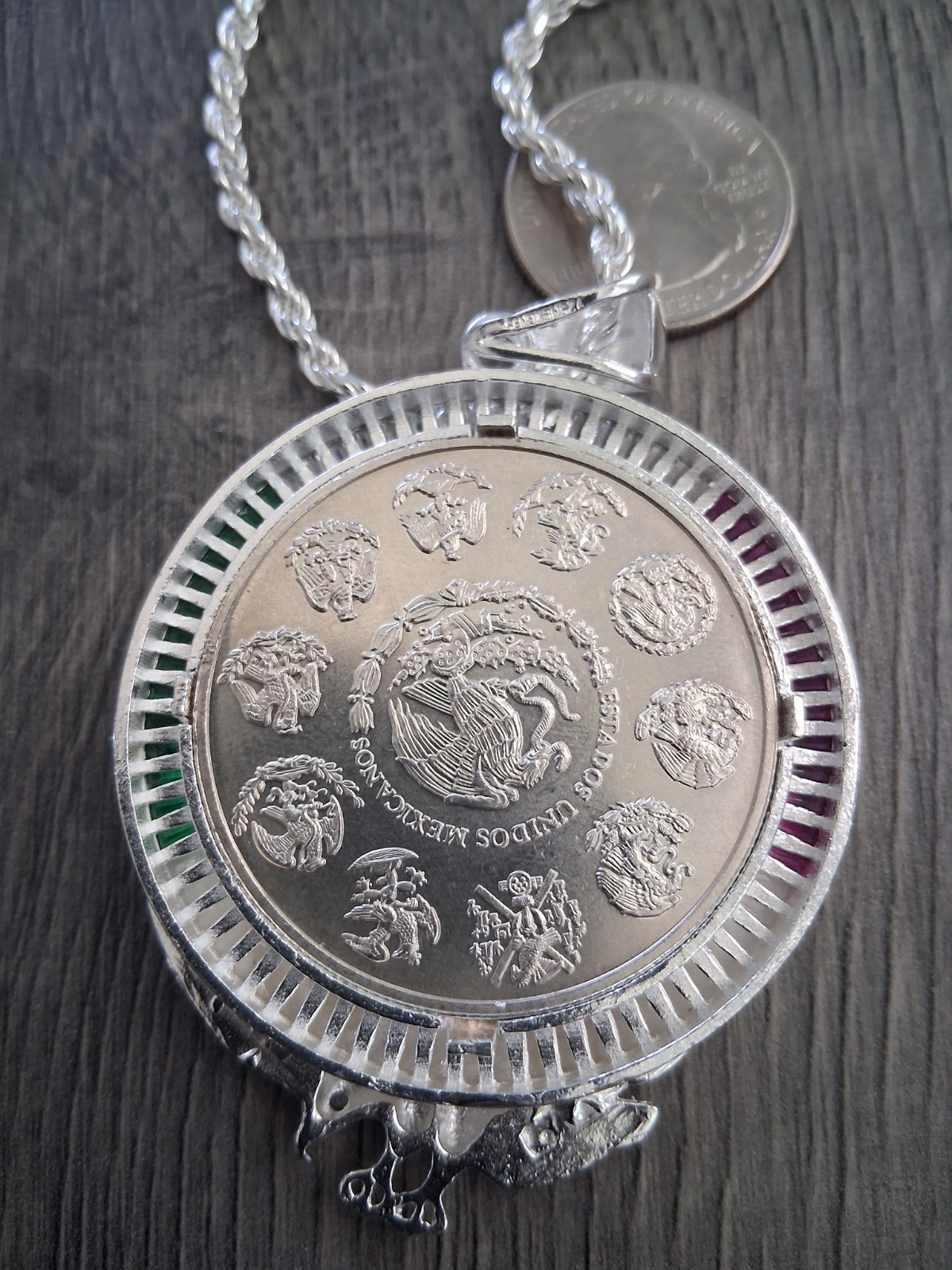 cadena bizel aguila y moneda 1 OZ plata 925 83 gramos 24″ larga 3.4mm plata MX