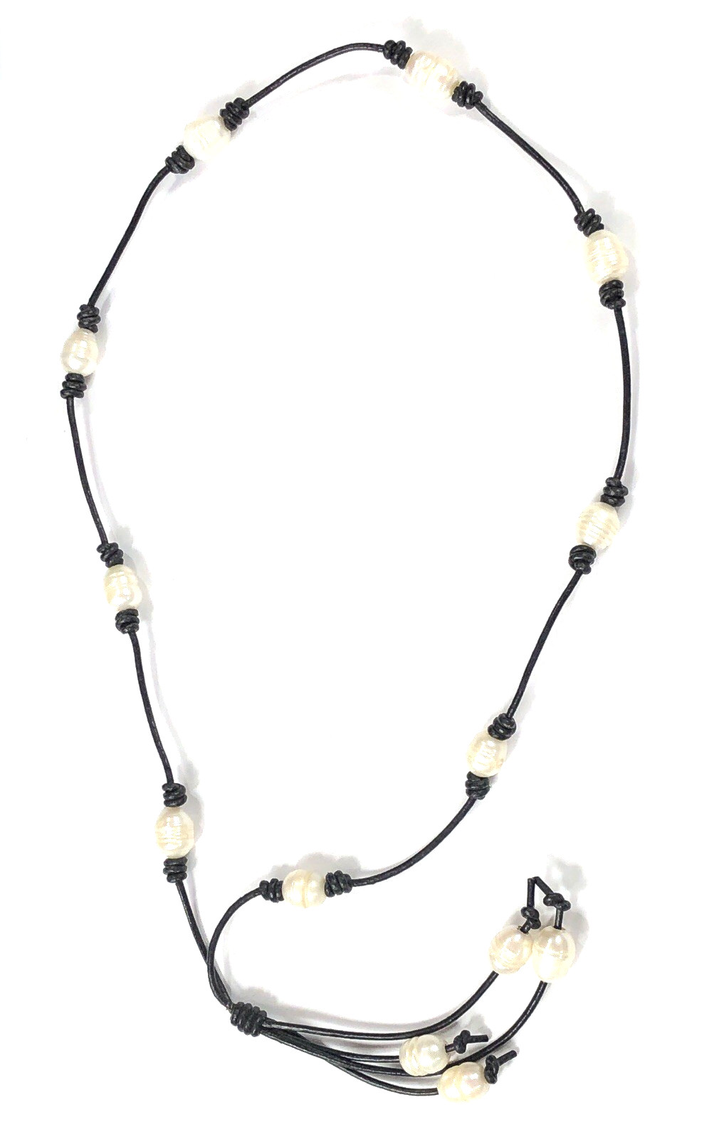 Baroque Pearl Necklace Leather Cord Station Tassel – 26 inch Length