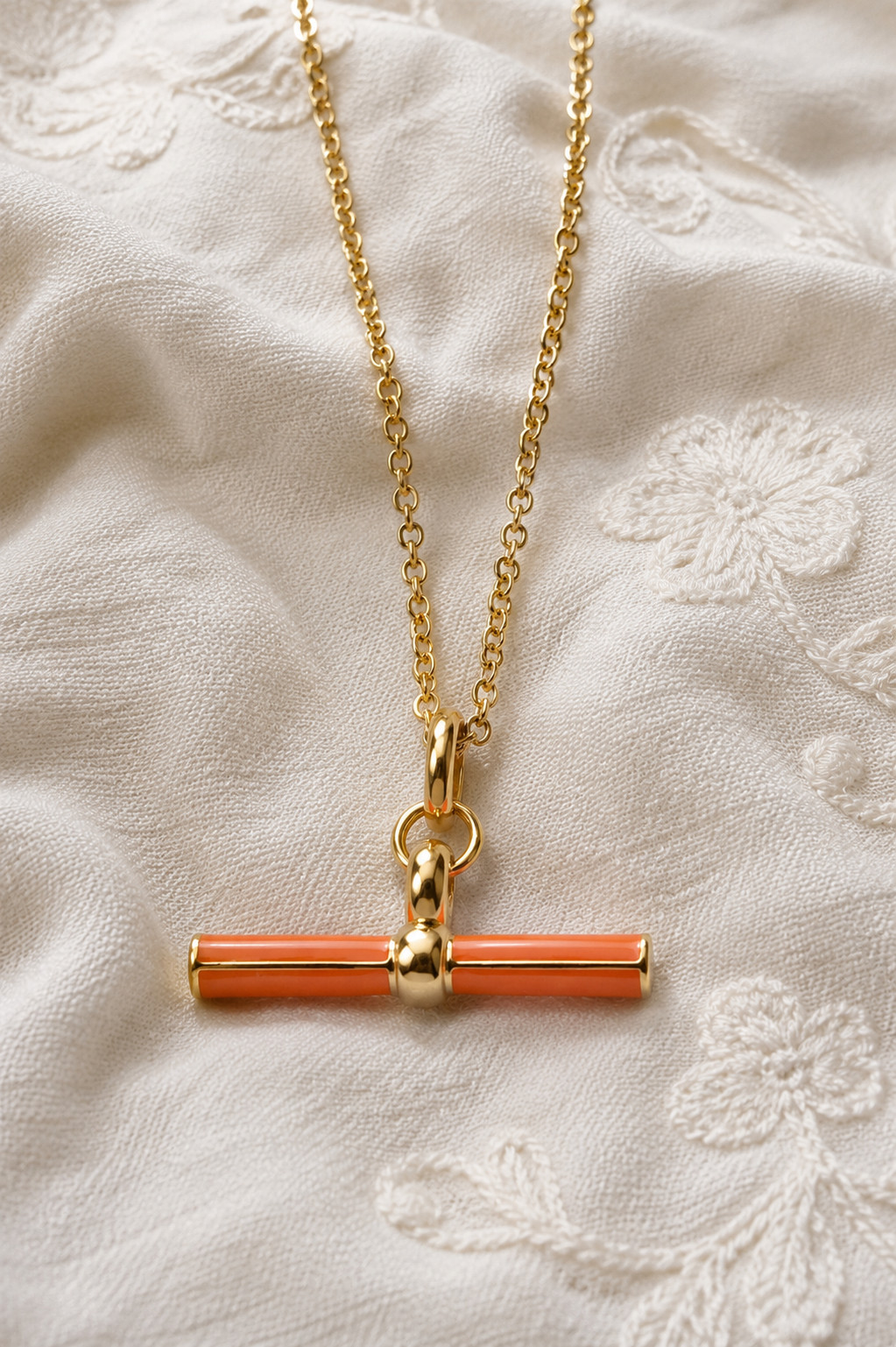Rolo Chain T Bar Pendant Necklace Brass Metal with orange enamel necklace