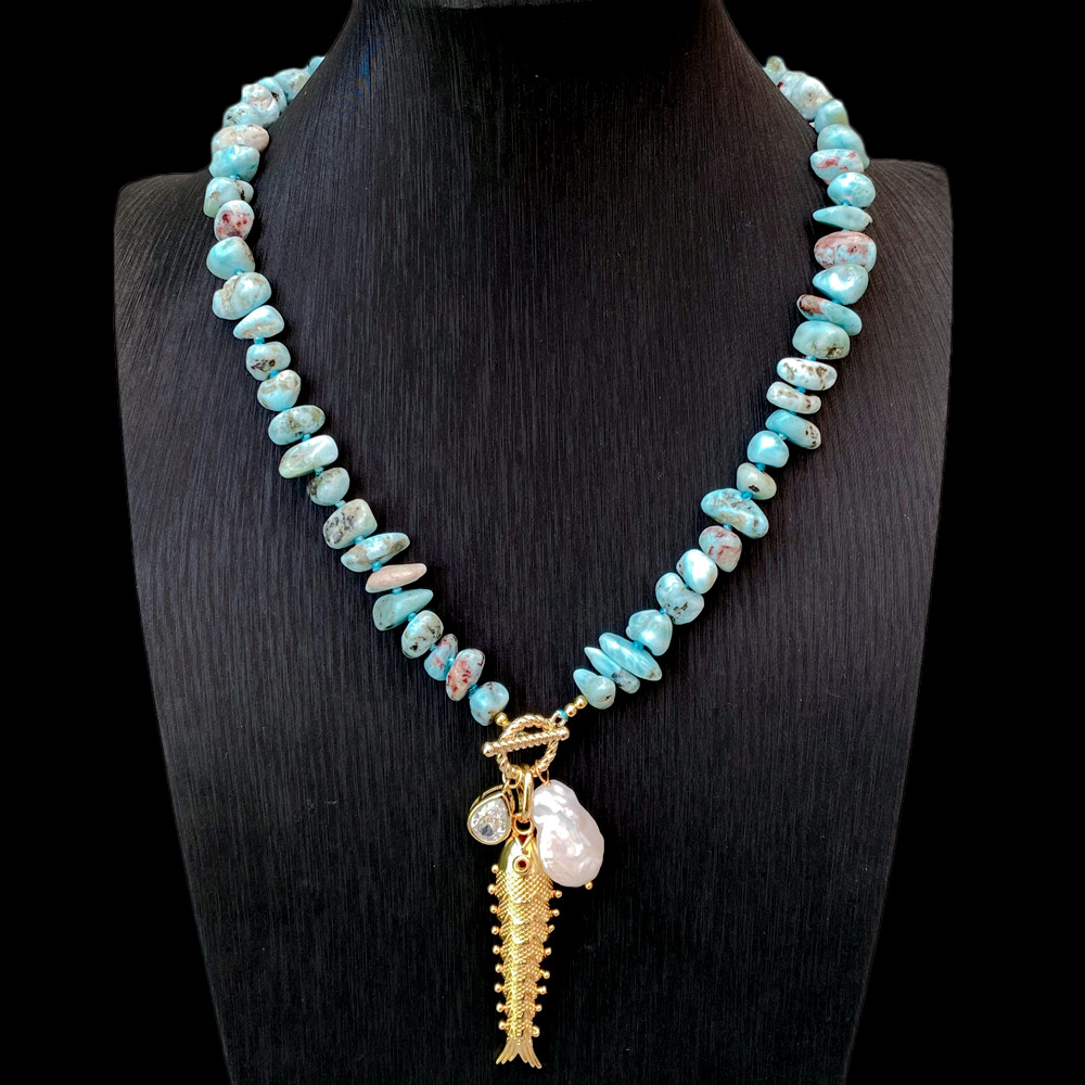 Blue Larimar Strand Necklace White Coin Pearl Fish Pendant Bohemia Jewelry