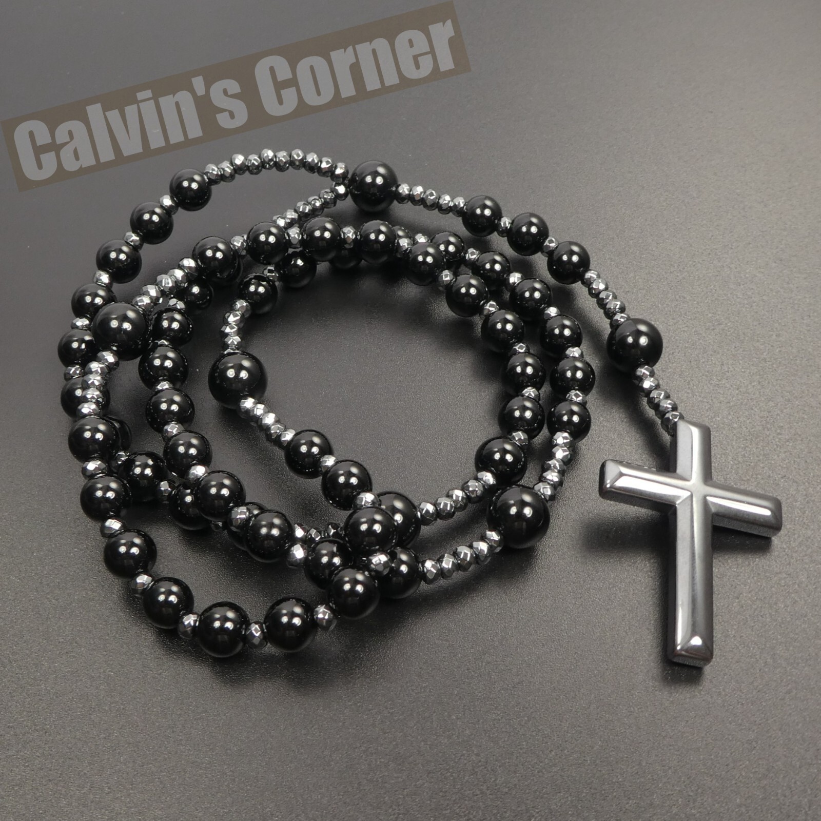 Black Onyx Bead Hematite Cross Rosary Necklace Catholic Men Women Gift Hanging