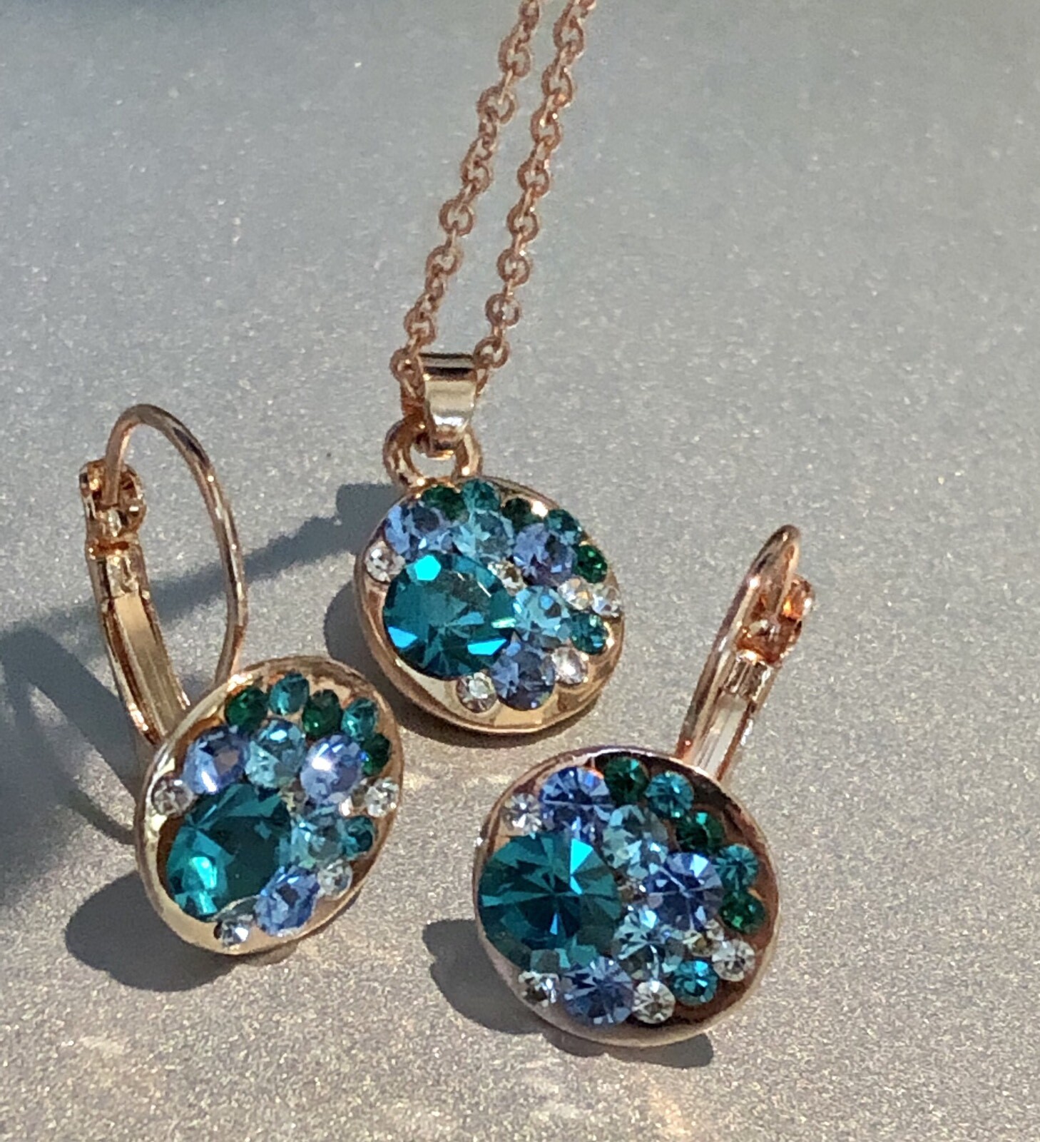 15mm Round Bella Blue Necklace Earrings Swarovski Crystal Rose Gold Plated Over
