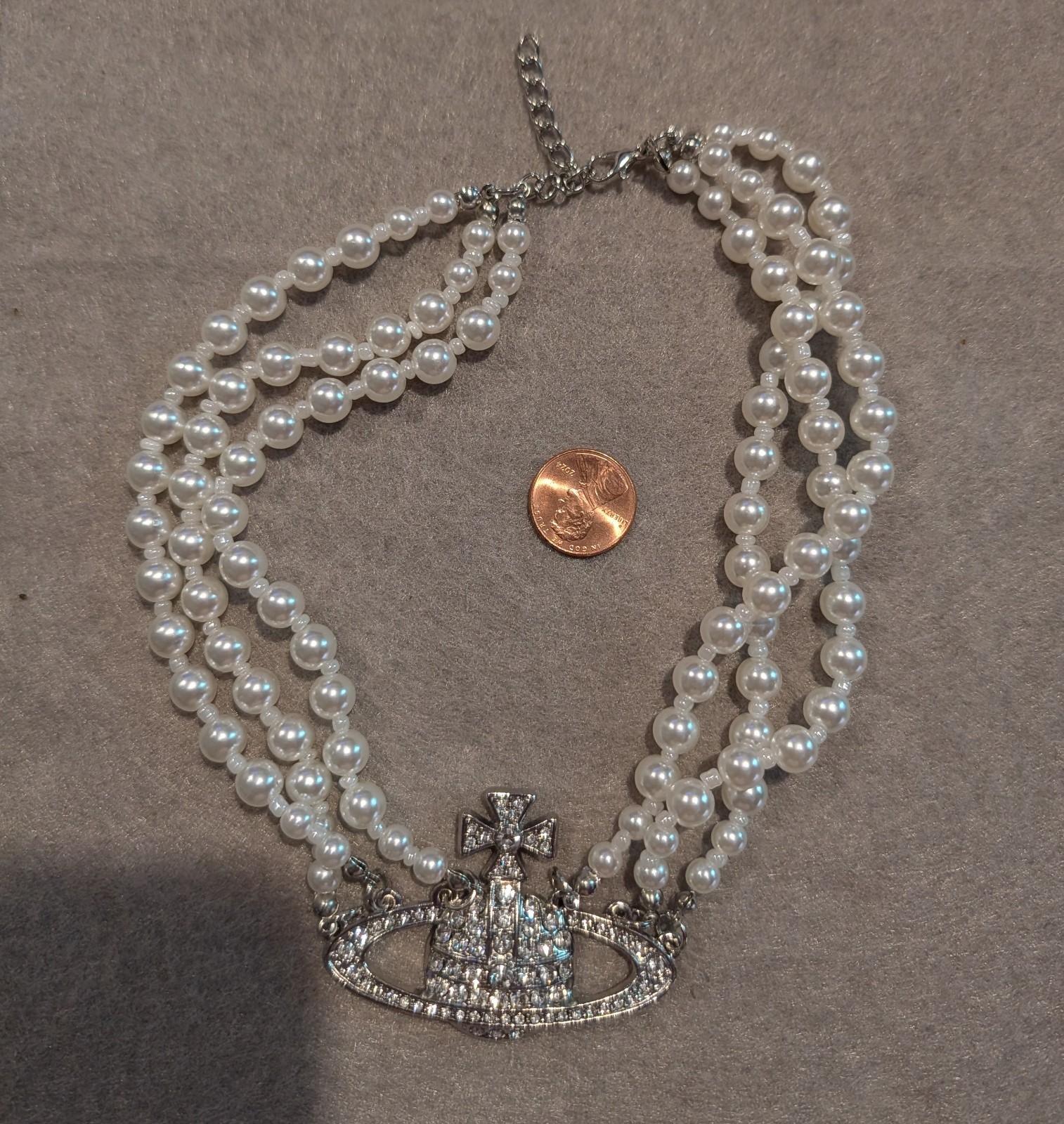 Vivienne Westwood Choker Necklace Three Row Pearl Bas Relief Crystal Saturn Orb