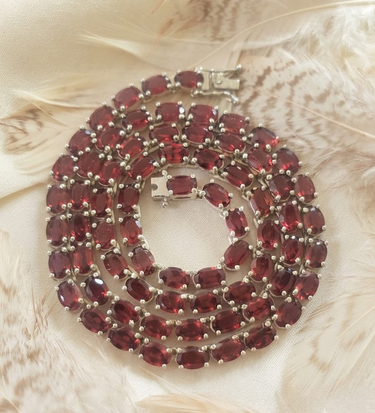 Red Garnet Oval Stone Tennis Necklace For Women In 925 Sterling Silver Jewelry