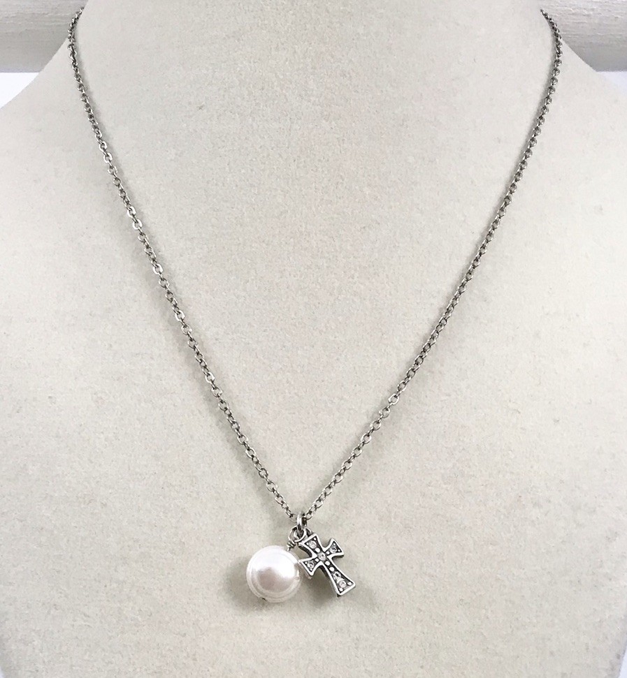 Brighton MARGARITA CROSS Silver Crystal Pearl Pendant Necklace. #515