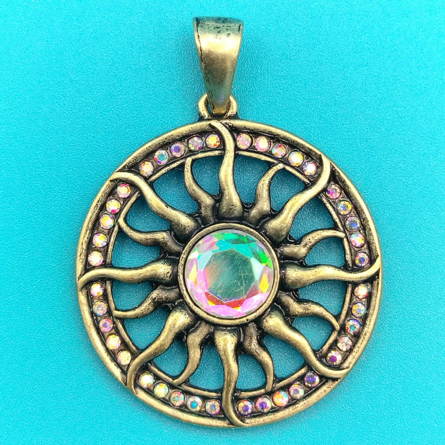 Sunburst Pendant AB Rhinestone Antique Gold Tone Celestial Boho Jewelry