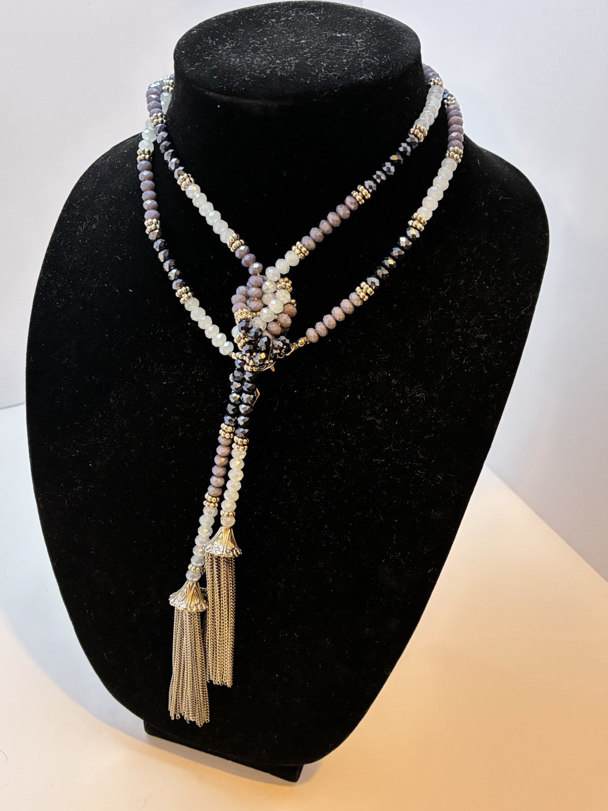 Simply Vera Vera Wang Gray Black Beaded Tassel Lariat Necklace 23″ Drop