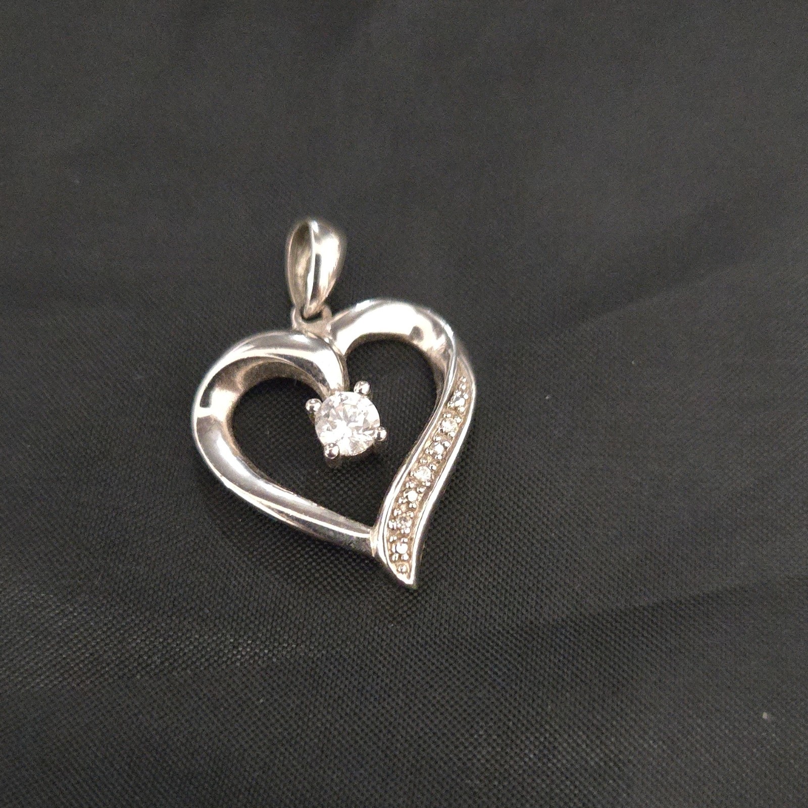 Sterling Silver 925 Heart Charm Pendant White/Colorless Round Stone Signed