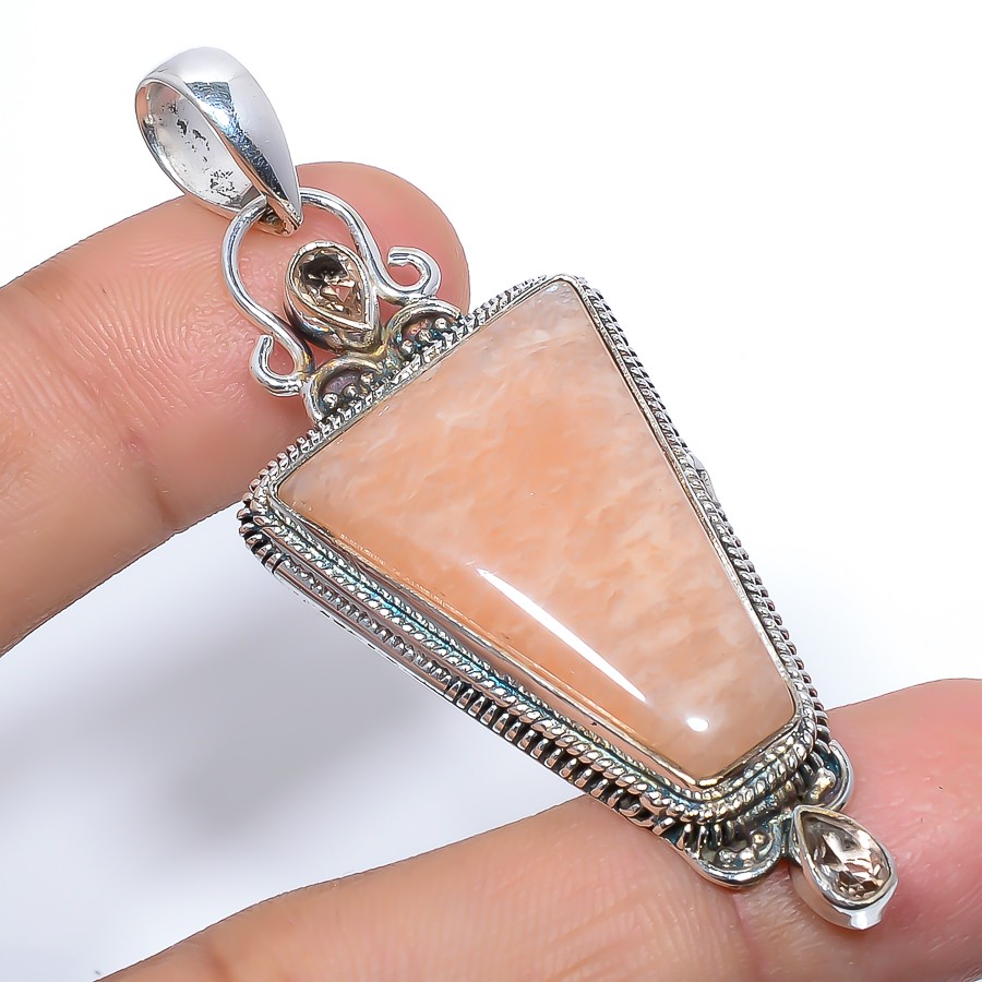 Amazonite – Beige &Morganite 925 Silver Plated Pendant 2.54″ T14