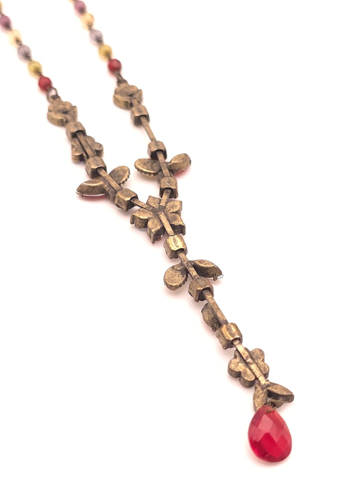 Vintage Multicolor Beaded Y-Drop Necklace Red Teardrop Crystal Floral Drop